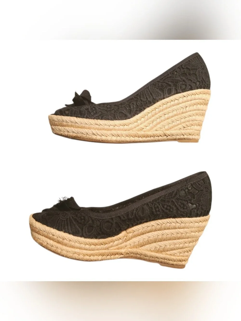 Tory Burch Jackie Espadrilles Wedge Peep Toe Black Canvas Women's 8 Coastal Chic